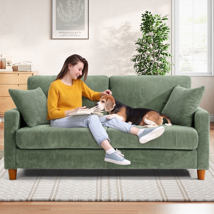 Sofá de 2/3 plazas en pana verde, estilo escandinavo, con 2 cojines y 2 almohadas para salón, patas de madera, 178×76×84cm