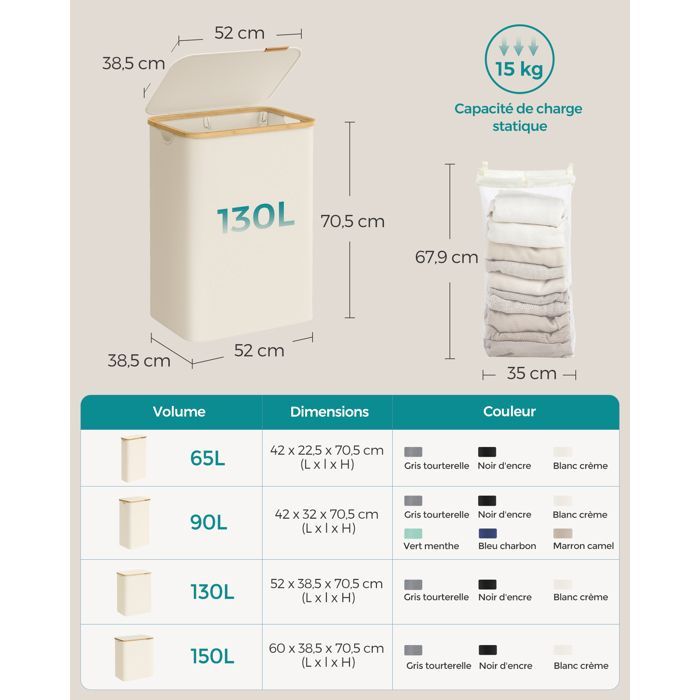 Cesto de ropa con tapa, 2 compartimentos, 130 L, bolsa extraíble, tela Oxford, plegable, 52 x 38,5 x 70,5 cm, blanco crema