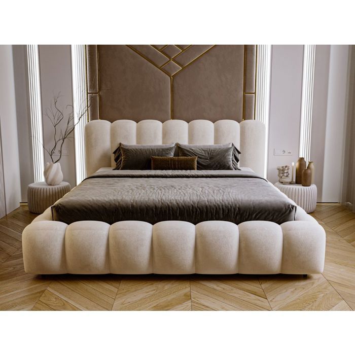 Structure de lit - Tissu en velours - Sommier à lattes - lit beige - Averia 140x200