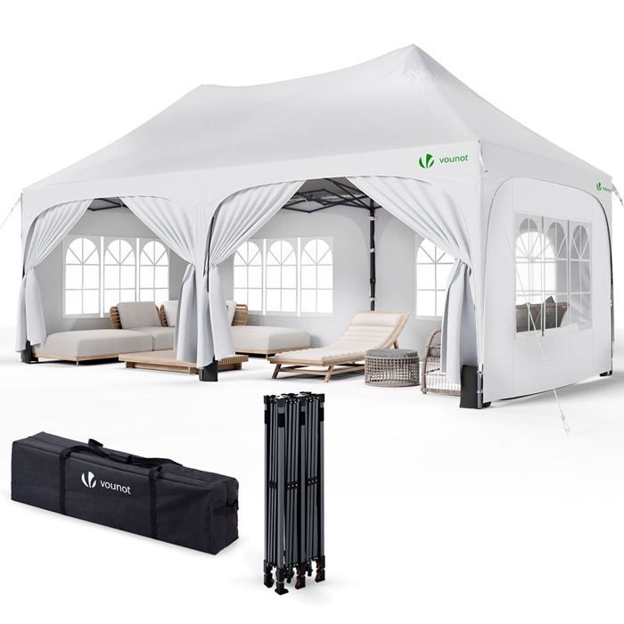 Cenador plegable de jardín VOUNOT® de 3x6 m - Carpa de altura regulable con 6 paneles laterales extraíbles - Impermeable y resistente a los rayos UV - Blanco
