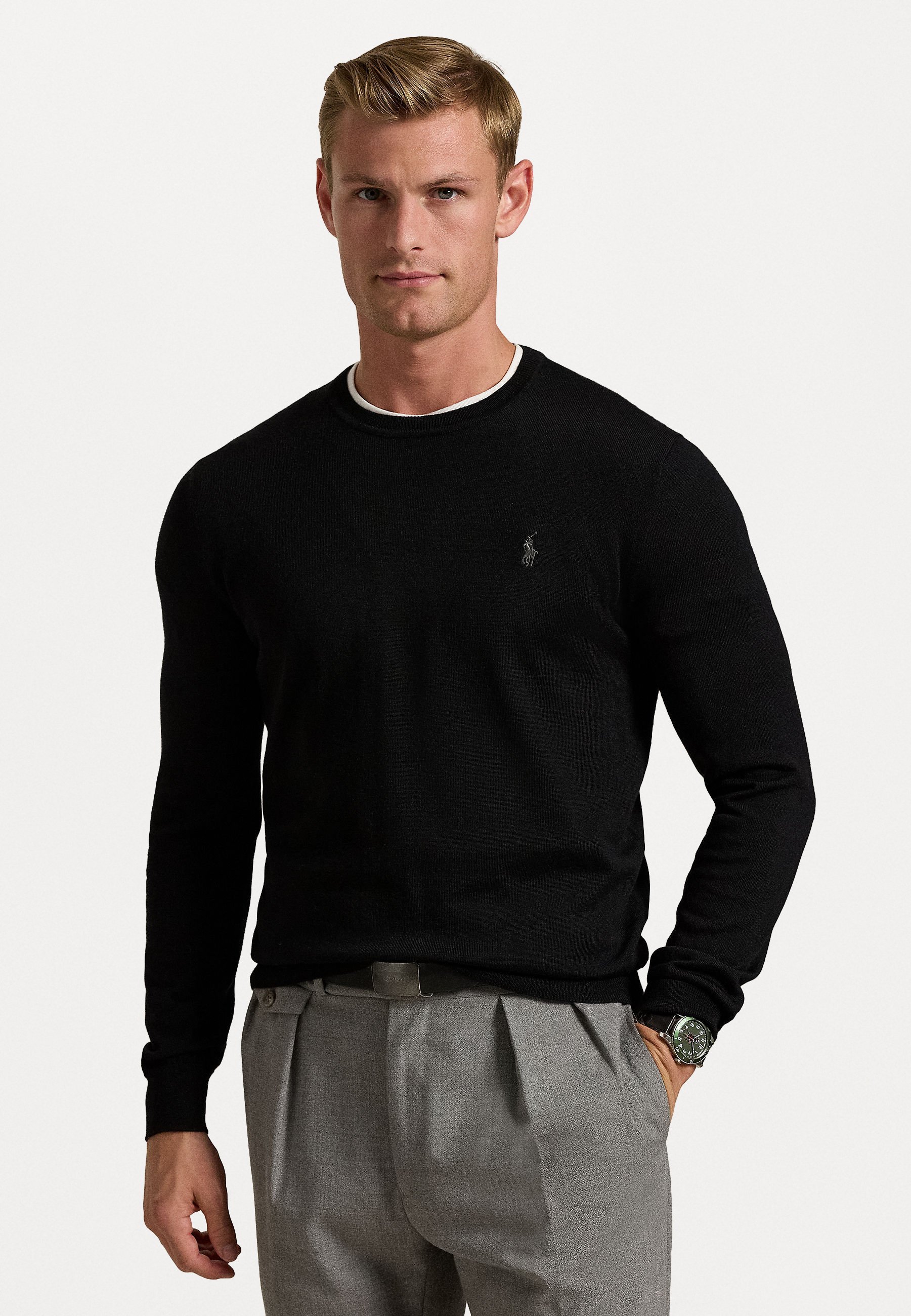 Polo Ralph Lauren Slim Fit Waschbarer Wollpullover mit Rundhalsausschnitt - Pullover - Schwarz