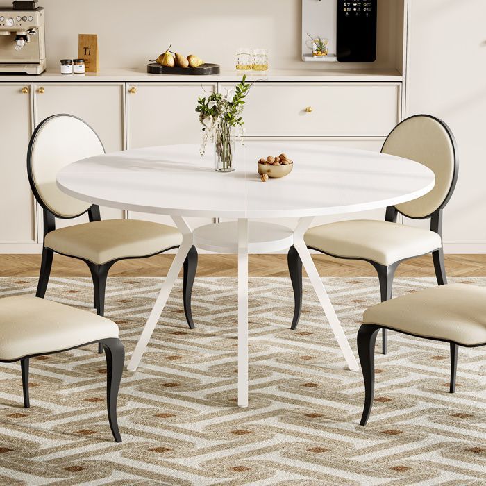 Tavolo da pranzo rotondo, Little Tree, 120×120×75 cm, tavolo da cucina con piano effetto MDF e gambe in metallo, bianco