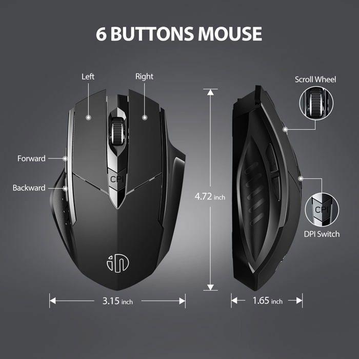 Mouse wireless SDLOGAL, mouse ottico ergonomico silenzioso, mouse wireless ricaricabile 2.4G con ricevitore nano USB, 6 pulsanti, nero
