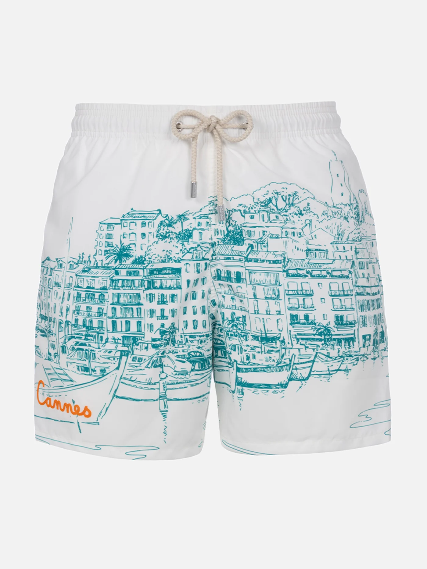 Heren Gustavia Zwembroek met Print – Middellang | Stof met Perzik-effect | Cannes Print | Wit | Verstelbaar Trekkoord | MC2 Saint Barth