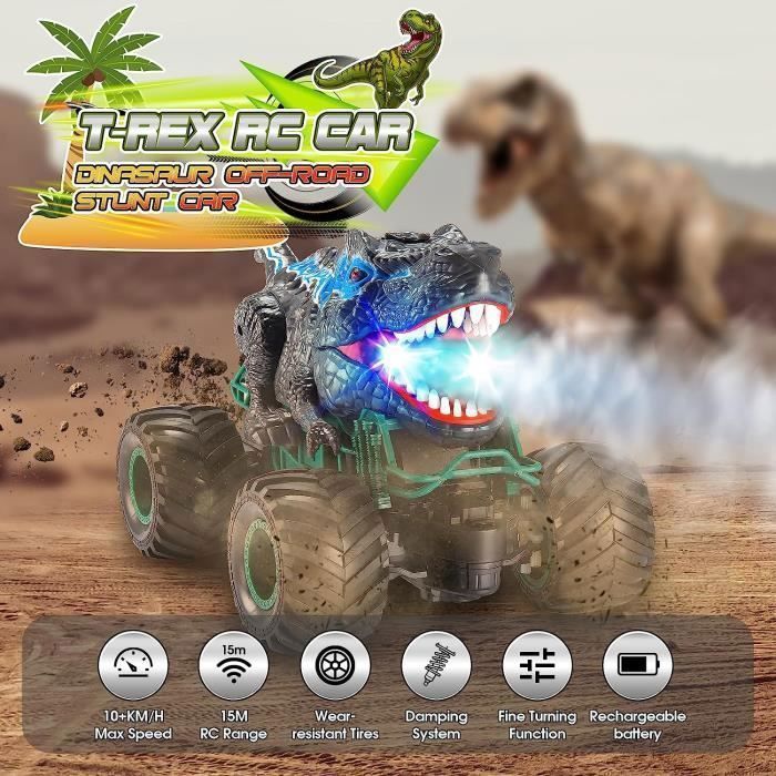 Carrinho de brinquedo dinossauro com controle remoto - Todo terreno - Luzes de LED - Para crianças de 3 a 8 anos