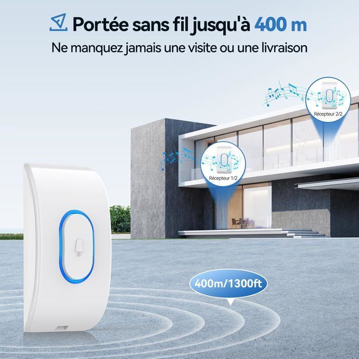 FLEUVE - DOORBELL KIT - Wireless Doorbell 400M, IP65 Waterproof, 60 Melodies, 5 Volumes, 2 Receivers, White LED