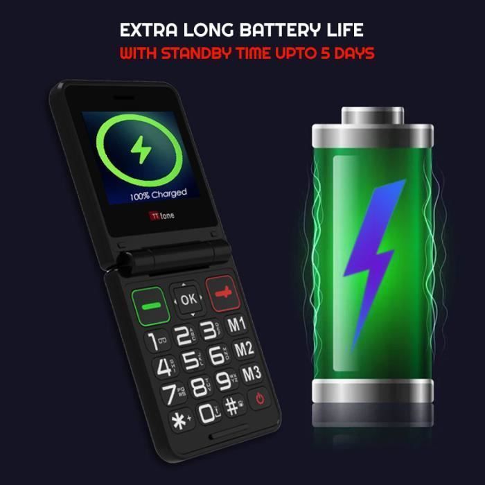 Telefono cellulare pieghevole TTfone TT660 per anziani, con tasti grandi, funzione di assistenza di emergenza, colore nero (con base di ricarica).
