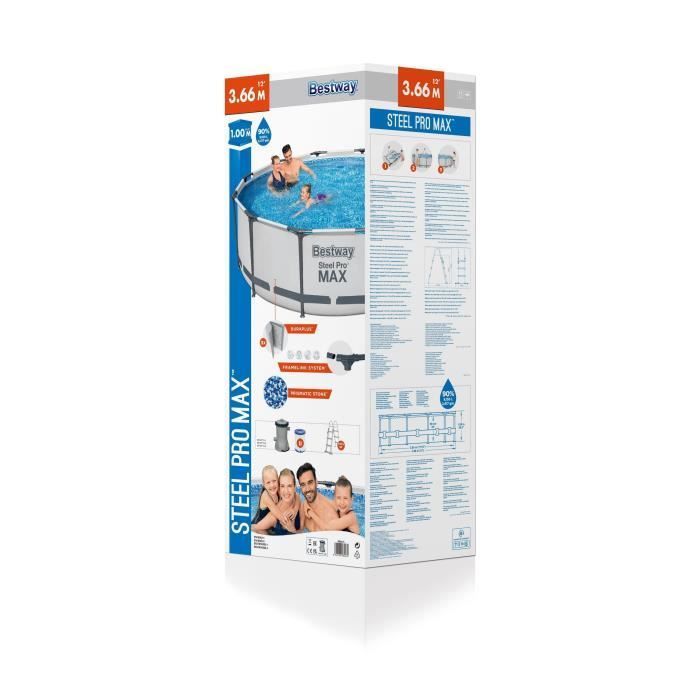 Kit de piscina tubular elevada BESTWAY Steel Pro Max™ - 366 x 100 cm - Redonda (Incluye filtro de cartucho y escalera de seguridad)