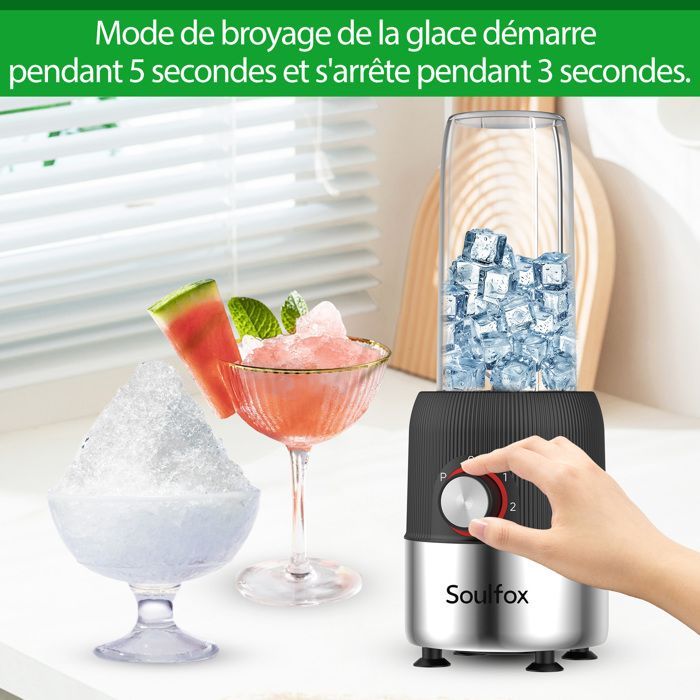 Elektrische smoothieblender van 1000 W met BPA-vrije flessen van 650 ml en 200 ml en 4 roestvrijstalen messen.