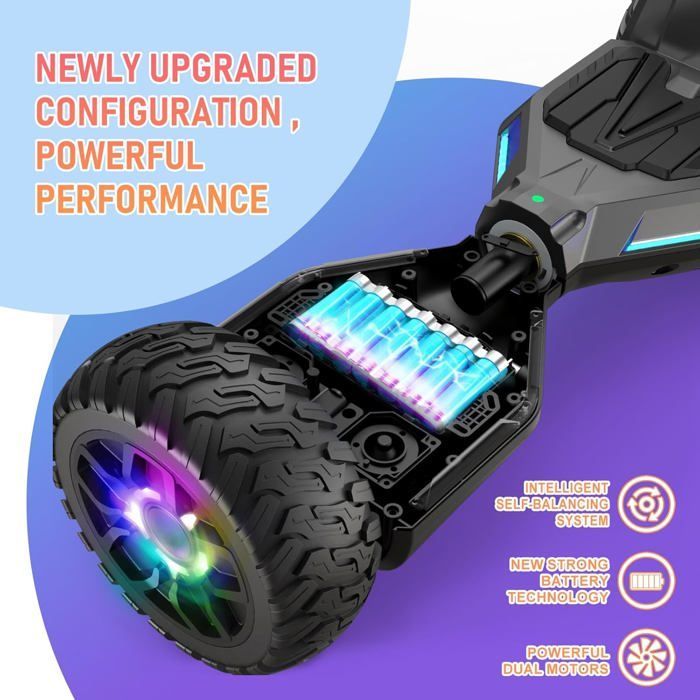 Hoverboard, 8.5-inch self-balancing electric scooter with Bluetooth, wheels and LED lights for children and adults, Grey
