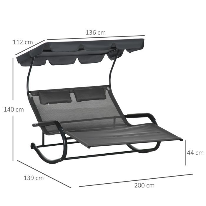 Chaise longue - Outsunny - avec toit solaire, appui-têtes détachables et 2 roues - pour 2 personnes - bascule, ergonomique - noir