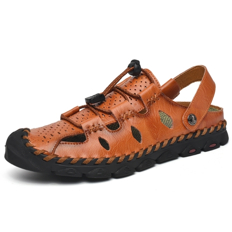Sandalias de cuero cosidas a mano para conducir y la playa, con banda elástica y ribete, pantuflas de verano para hombre, tallas grandes, sandalias de senderismo al aire libre, tallas 38-46.