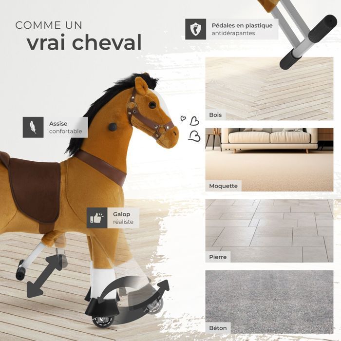 Juguete infantil - TECTAKE - Caballito balancín con ruedas, poliéster y acero, 29 x 76 x 85 cm - Marrón claro