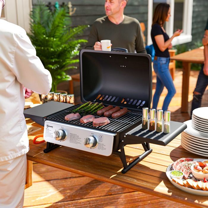 Barbecue gaz de table transportable - Outsunny - 2 brûleurs 5,6 KW - avec tables latérales, couvercle, thermomètre - noir