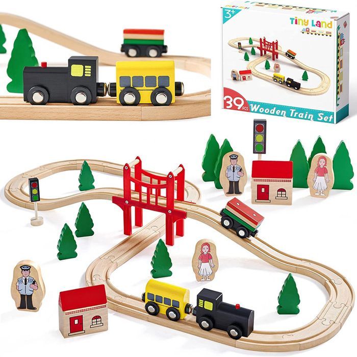 Tren de juguete de madera - 39 piezas - Con vías, puente y vehículos para niños de 3 a 6 años - Compatible con otros trenes