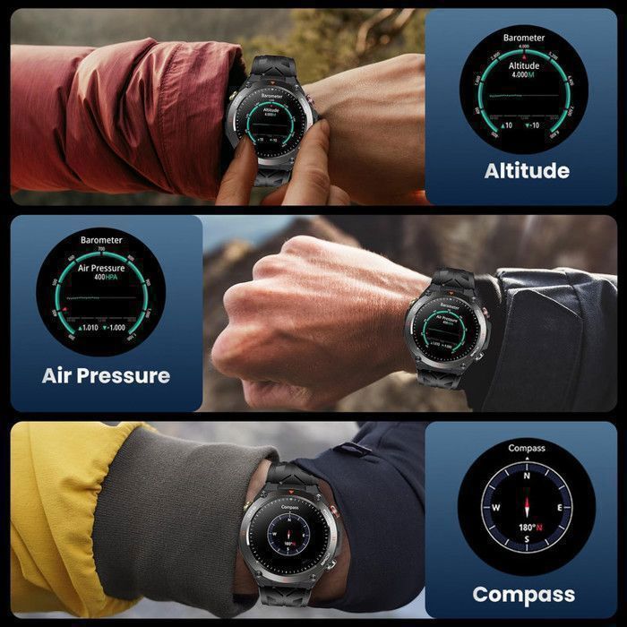 Men's Smartwatch with GPS, Sport Function, Calling, Compass, Barometric Altimeter, Heart Rate Monitor, 650mAh Battery, 3 Straps, Tactical Steel, Silicone