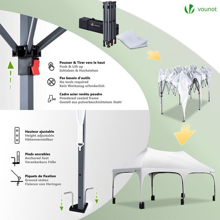 Cenador plegable de jardín VOUNOT® de 3x6 m - Carpa de altura regulable con 6 paneles laterales extraíbles - Impermeable y resistente a los rayos UV - Blanco