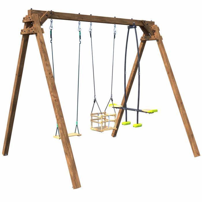 Portique en bois carré 3 agrès avec balançoire bébé et face à face PIERRE