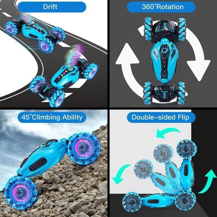 Coche todoterreno controlado por gestos: rotación de 360° con pulverizador, luces LED y música. Juguete para niños de 6 a 12 años.