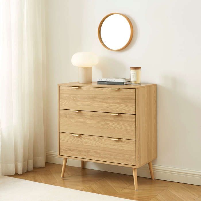 Cómoda JEANNE de 3 cajones con efecto roble, 80 cm - Madera clara