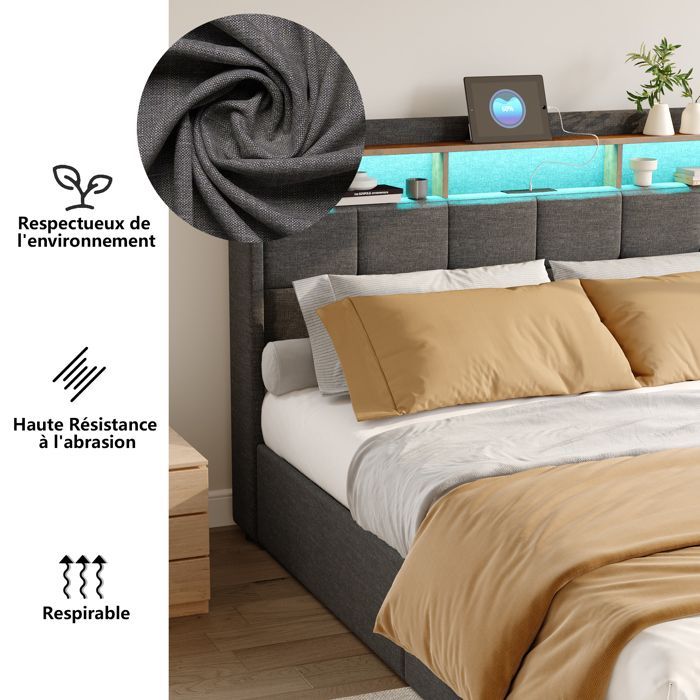 Lit coffre en lin gris 180x200 cm, lit double avec LED et port USB, lit adulte avec tiroir de rangement et sommier à lattes
