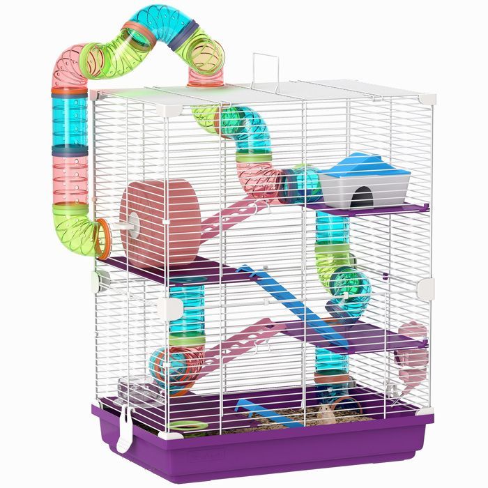 PawHut 4-stöckiger Hamster-/Nagerkäfig mit Tunneln, Futternapf, Laufrad, Häuschen und Leitern – 46 x 30 x 58 cm – Lila