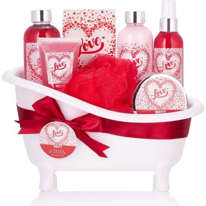 Set da bagno e doccia Brubaker Cosmetics - 7 pezzi - in una vasca da bagno decorativa - Idea regalo - Amore - Fiori di ciliegio