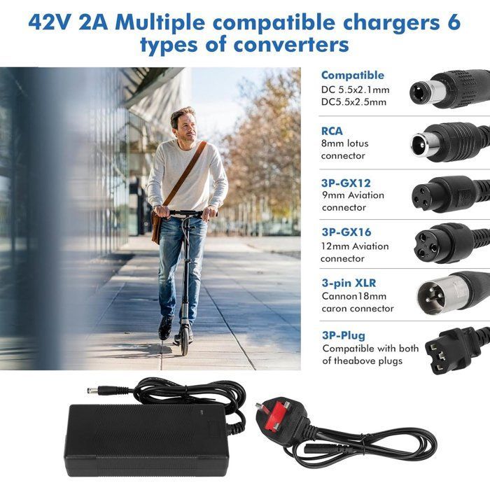 Chargeur pour trottinettes électriques - 36 V/42 V 2 A - 6 ports de charge - Compatible avec trottinettes électriques, hoverboards