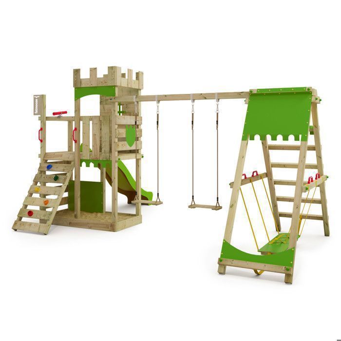 FATMOOSE BoldBaron XXL wooden play tower with SurfSwing, 220cm apple green slide and climbing wall – 10-year guarantee*