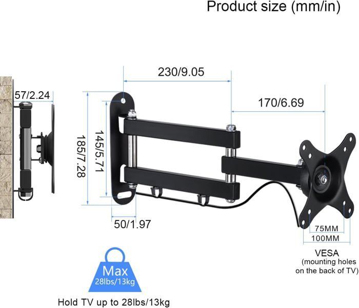 Suporte de parede para TVs de 13 a 32 polegadas, com telas planas ou curvas, rotação de 360°, inclinação de 20° e padrão VESA 75x75 / 100x100mm.