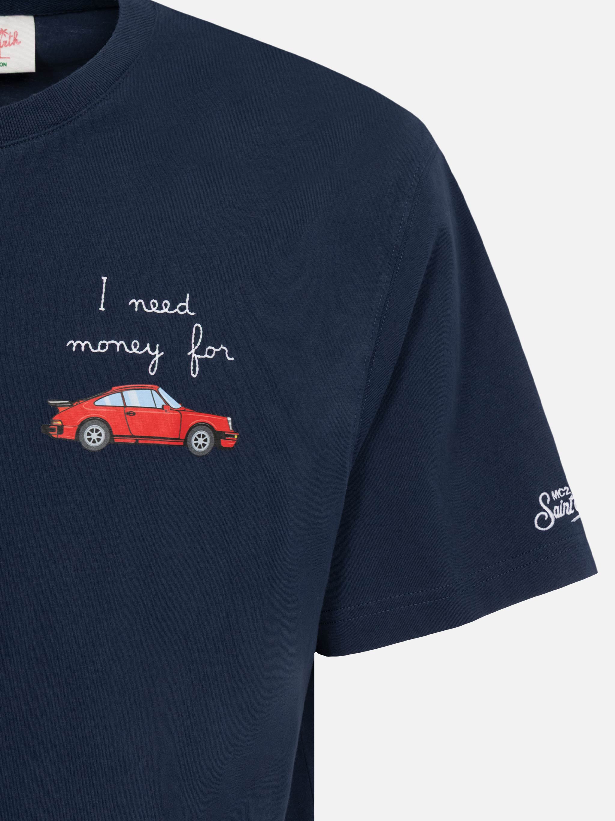 T-shirt met katoenen man en borduursel: Ik heb geld nodig voor…