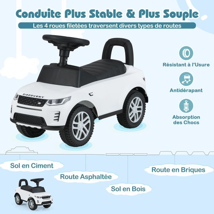 Cochecito infantil COSTWAY Land Rover con volante, claxon, sonido de motor y compartimento de almacenamiento bajo el asiento, para niños de 12 a 36 meses, hasta 25 kg, color blanco.