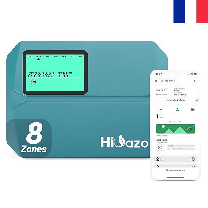 Controlador de riego WiFi HiOazo HO-SC-8W, temporizador, sistema de riego de 8 vías, monitorización mediante aplicación.