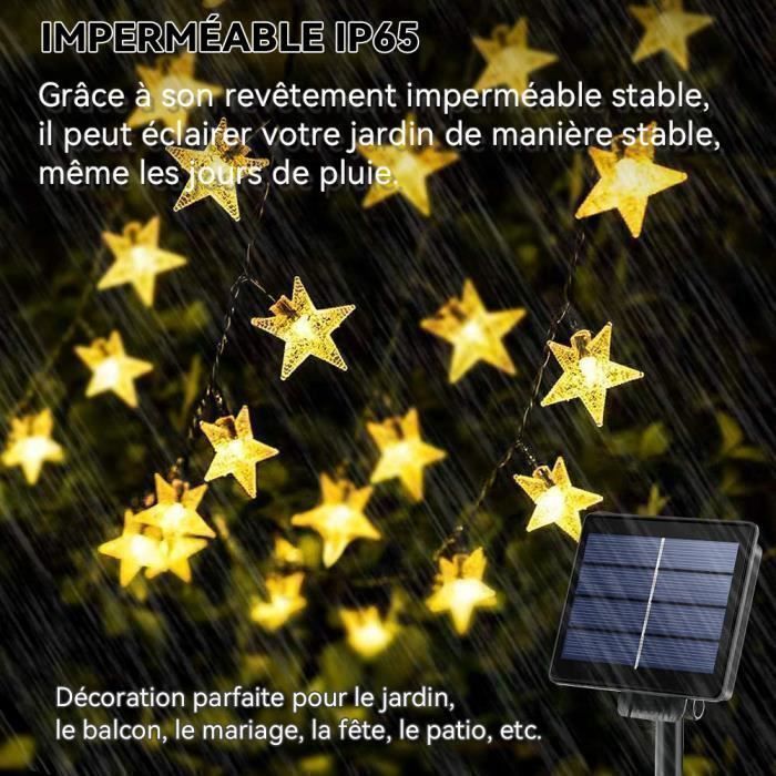 Cordão de luzes solares em formato de estrela com 50 LEDs, 9,5 m, 8 modos de iluminação, decoração externa para jardim, quarto, Natal, festa e decoração noturna - Branco Quente