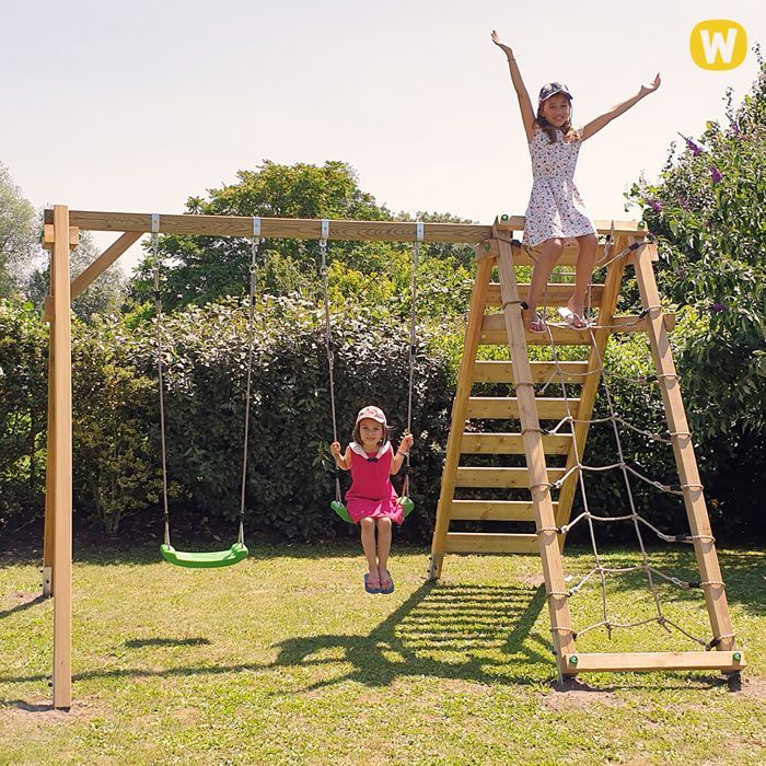 Columpio doble inteligente WICKEY Smart Cliff con pared de escalada y 2 asientos, rojo – 10 años de garantía*