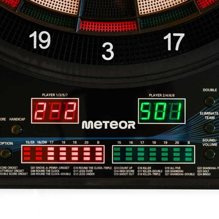 METEOR Elektronisch Dartbord - 27 Spellen - 8 Spelers - 4 LED's - inclusief Darts - Zwart