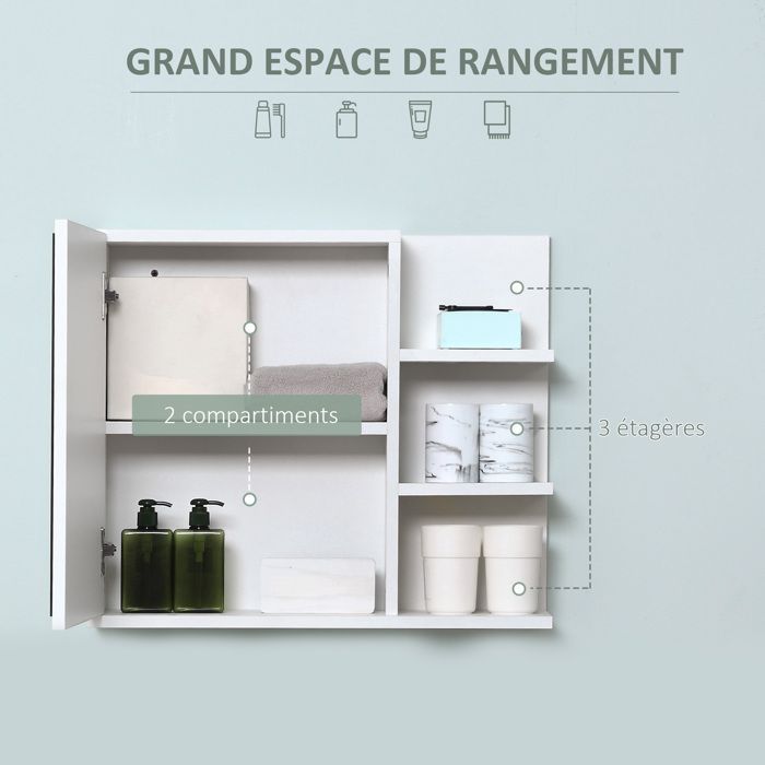 Armoire miroir - kleankin - salle de bain avec étagère 3 étagères latérales rangement - bois - blanc