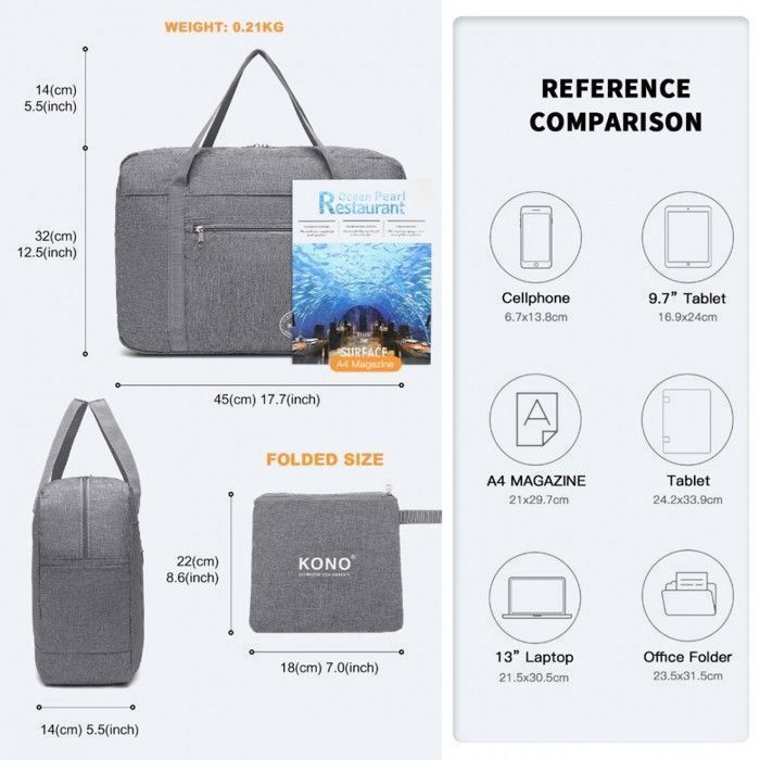 Bolsa de viaje plegable Kono, bolsa de cabina de 45x32x14cm, bolsa deportiva plegable grande con múltiples bolsillos, impermeable y resistente al desgaste, color gris.