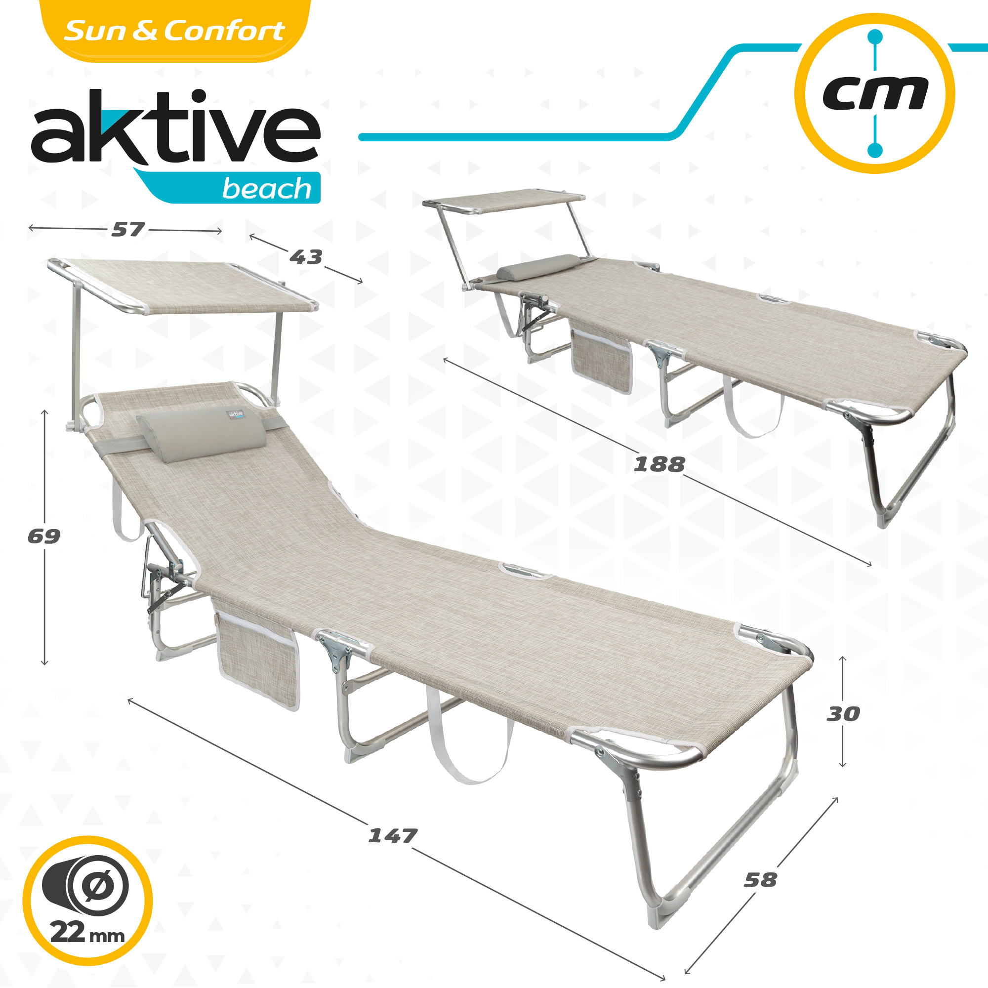 Aktive Beach Folding Sun Lounger with Parasol and Cushion