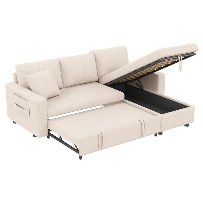 Canapé d'angle convertible réversible 3 places, Tissu en Lin,L219,canape convertible avec coffre de rangement,canapé en L,beige