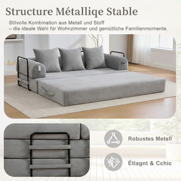 Canapé modulable - LANGTU - Modulable - Velours côtelé gris clair - Cadre métal - 3 coussins & poche latérale