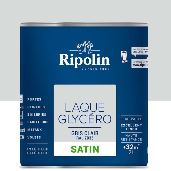 RIPOLIN Glycero Decorative Lacquer for Interior & Exterior Use - Light Grey RAL 7035 Satin, 2L