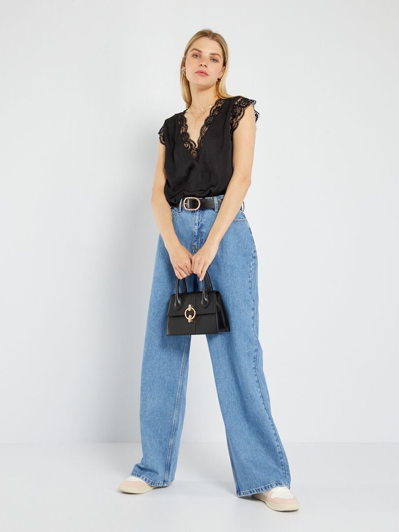 Satijnen blouse met kant - Zwart