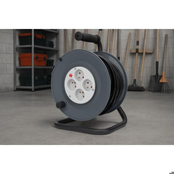 Zenitech H05VV-F Carrete de cable de 25 m, 3G1.5, con 4 tomas, disyuntor y soporte - Zenitech