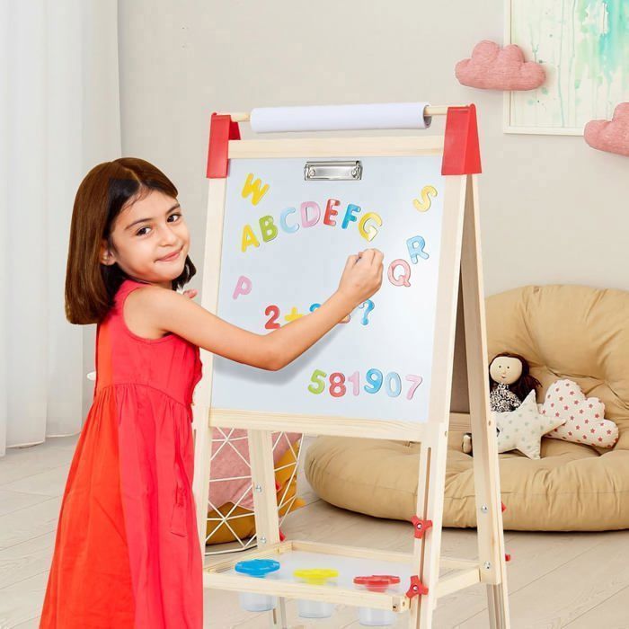 COSTWAY 3-in-1 Kinderschildersezel - 60 accessoires - Dubbelzijdige schildersezel (magnetisch en krijtbord) - Papierrol