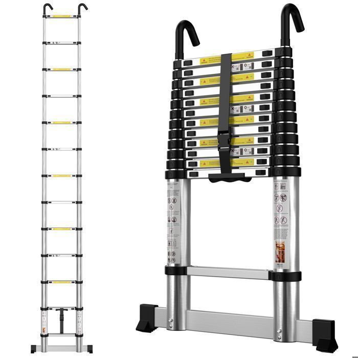 Echelle Telescopique 3,8m en Aluminium Échelle Télescopique, avec Barre Stabilisatrice et Crochets Amovibles,Charge 150 KG