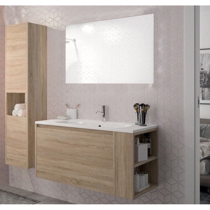 Mobile bagno VESNA con lavabo, specchio e colonna / Finitura rovere sbiancato