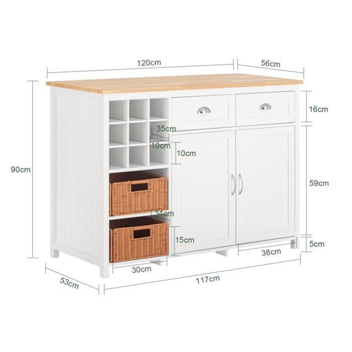 Isla de cocina SoBuy con botellero para 9 botellas, 2 cajones, 2 puertas, 2 cestas, mesa de bar de ratán, 120x56x90 cm