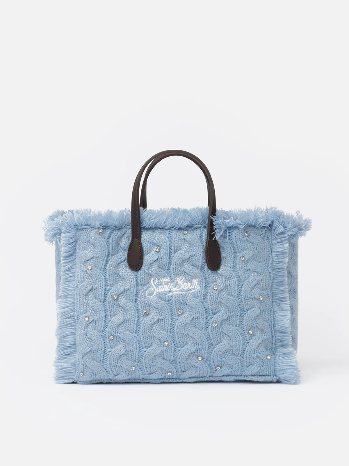 Light Blue Colette Velvet Fringed Handbag with Cable Knit Pattern, Rhinestones Embellishment, Detachable Shoulder Strap | MC2 Saint Barth