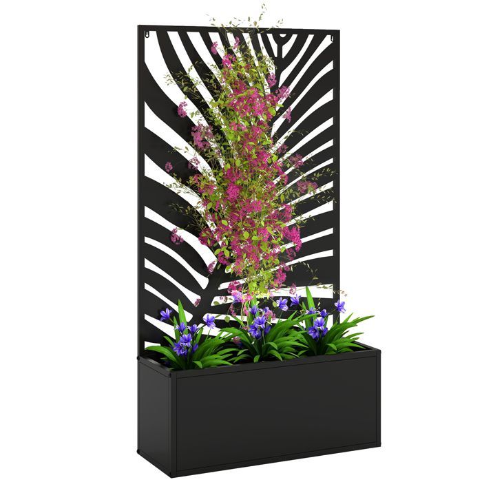 Macetero con enrejado - Outsunny - jardinera con pantalla metálica para mayor privacidad - para patio, jardín, balcón - 61 x 23 x 113 cm - negro